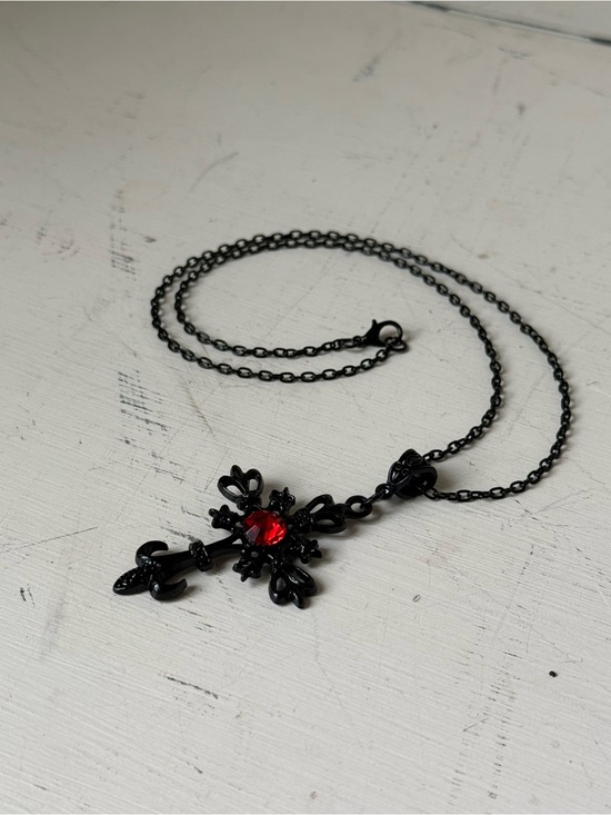 Jewelry - Black Gothic Cross Necklace Red Rhinestone Fleur de Lis Pendant Gothcore Chain